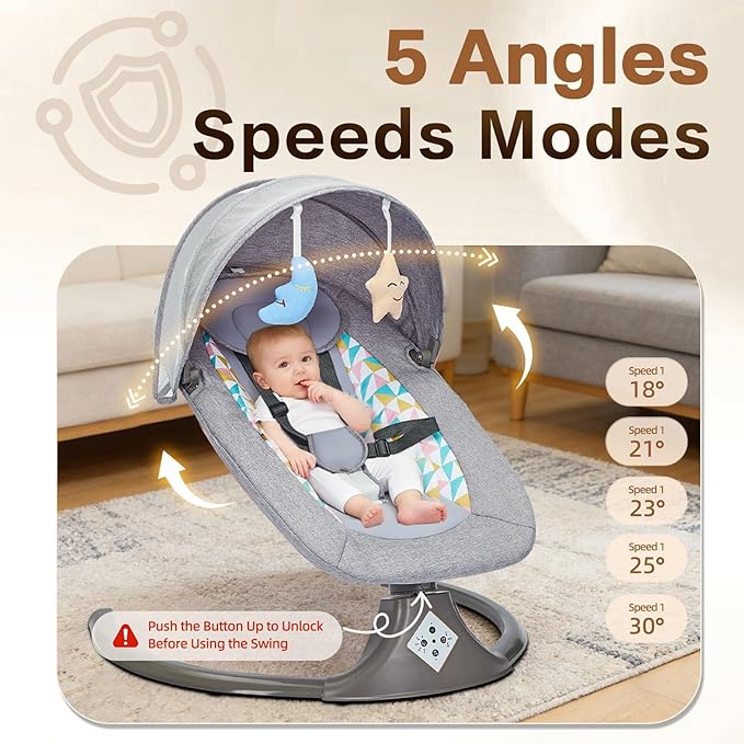Electric Baby Swing for Infants,Multifunctional 3-in-1 Rocker,5-Speed Adjustable,Remote Control,10 Melodies,5-Point Harness,for Infants Up to 30 lbs, Up to 12 Months Easy Assembly (Gray)
