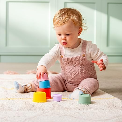tickit Silisoft Round Colorful Stacking Cups, 7 Soft Silicone Stacking, Nesting & Sensory Play Cups for Baby’s Fine Motor Skills and Early Learning, Rainbow
