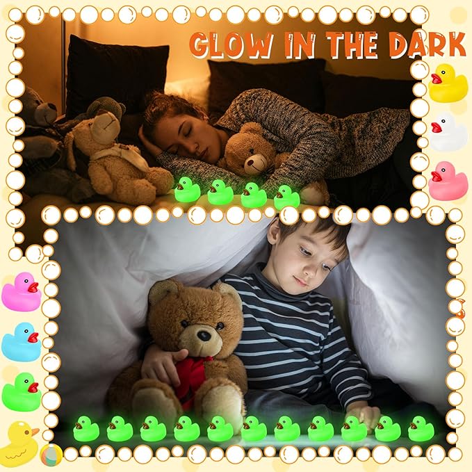 24 Pcs Glow in the Dark Rubber Ducks 2.2'' Luminous Mini Rubber Duck Fluorescent Tiny Light up Floating Squeaky Bathtub Toys for Baby Showers Summer Beach Pool Party Games (Colorful)