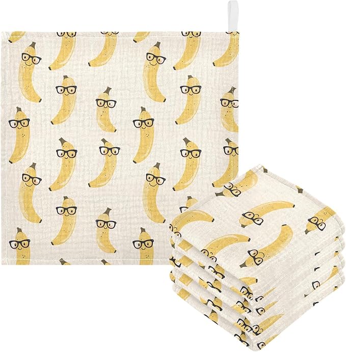 Newborn Face Towel Banana Soft Cotton Baby Washcloths 11.8 x 11.8 Inch Infants Girls Boys Muslin Burp Cloths 5 Pack