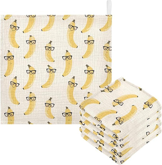 Banana Baby Washcloths Newborn Muslin Burp Cloths 3 Pack Soft Cotton Baby Face Bath Towel Drool Bibs for Infants, Girls and Boys 11.8 x 11.8 Inch