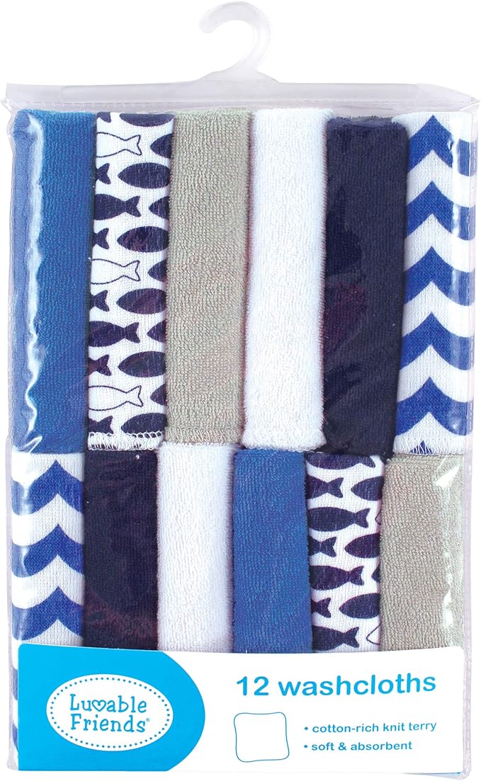 Luvable Friends Unisex Baby Cotton Rich Washcloths, Fishes, One Size (Pack of 2)