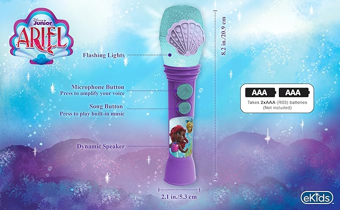 eKids Disney Junior Ariel Microphone Toy for Toddlers, Includes Built-in Music and Lights, Designed for Fans of Ariel Toys