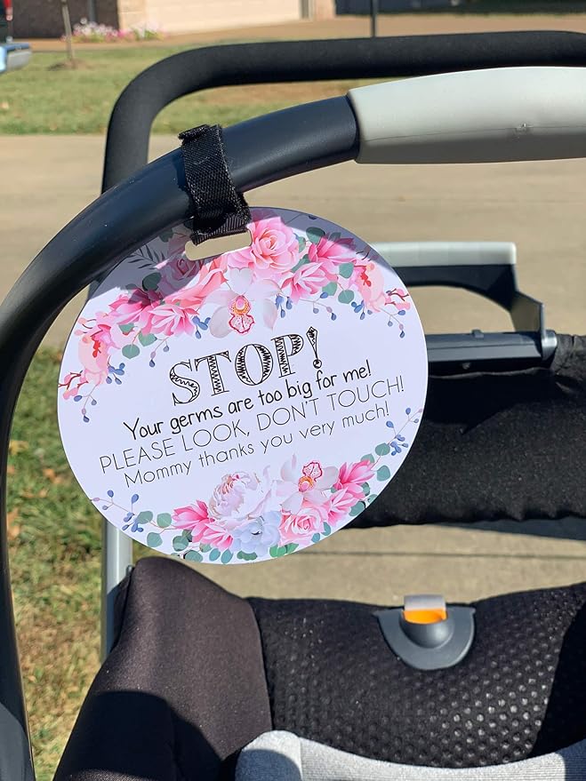 Three Little Tots Baby Safety No Touching Signs - Plastic, Small Signage (12 x 18) inch, Black, White, Minimalist Style - 2 Pack with Strap & Clip for Car Seat, Stroller, Crib, Baby Carrier
