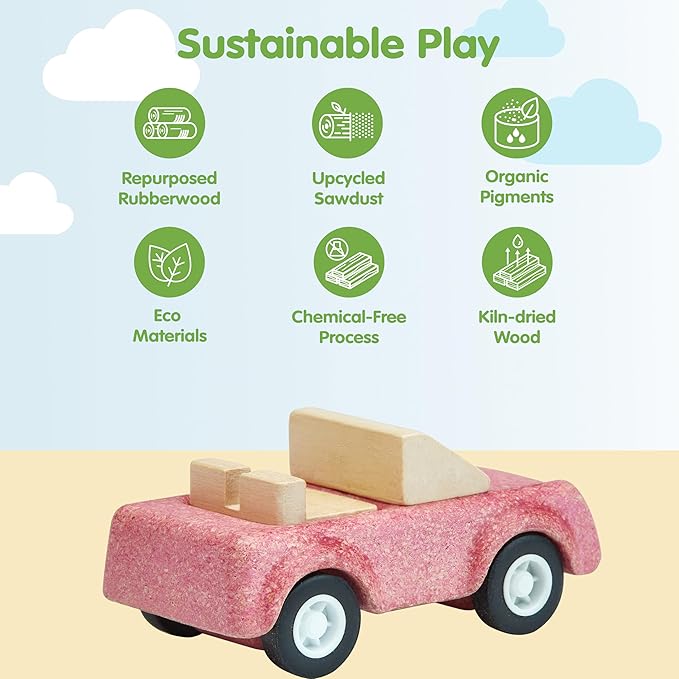 PlanToys® Pink Sports Car Wooden Montessori Vehicle Toy | Early Movement, Imagination and Practical Life Exploration | Eco Friendly Car for Indoor and Outdoor Play