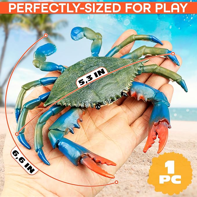 Blue Crab Toys for Kids - Realistic Plastic Crab Figure, 6.6 x 5.3 Lifelike Ocean Animal for Bath Play, Coastal Displays, Marine Life Lessons, Party Tables, Beach Themes, Shelf Styling and Home Decor