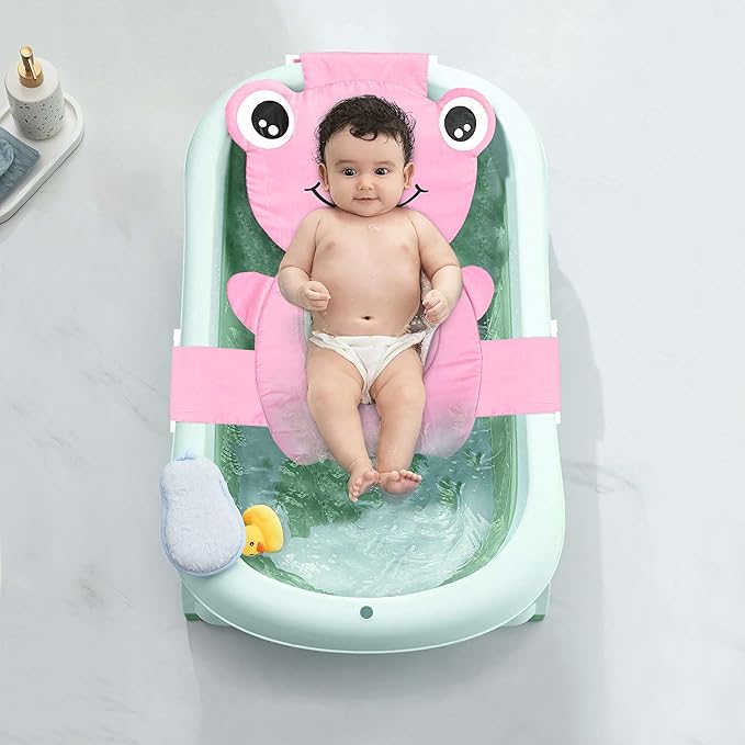 Baby Bath Seat Support Net, Quick Drying, Adjustable, Comfortable, Non-Slip, Infant Bathtub Sling Shower Mesh for a Tub, Soft Newborn Bath Mat (Deep Pink Frog)