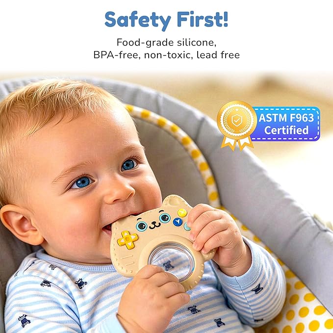 Baby Teether Toy Silicone Cat Teething Ring -Game Controller, Baby Rattle Toy Chew Sensory Toys for Babies Over 3 Months, Teething Relief for Newborn Infant Essentials 0-6 6-12 Months, BPA Free -Beige