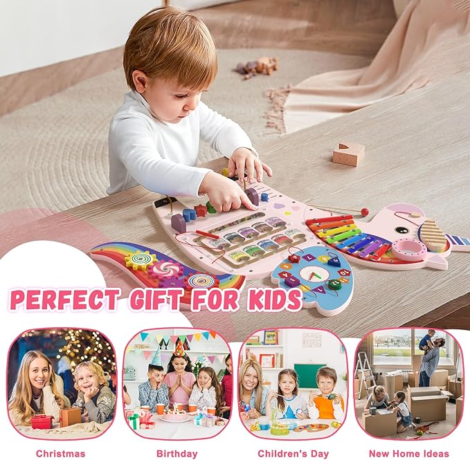 Spacocld Unicorn Activity Wall Busy Board Panels - Sensory Wall Panel for Kids, Montessori Toddler Wall Activity Board, Wall Toys for Toddlers 3, Activity Cube, Perfect for Toddler Playroom, Pink