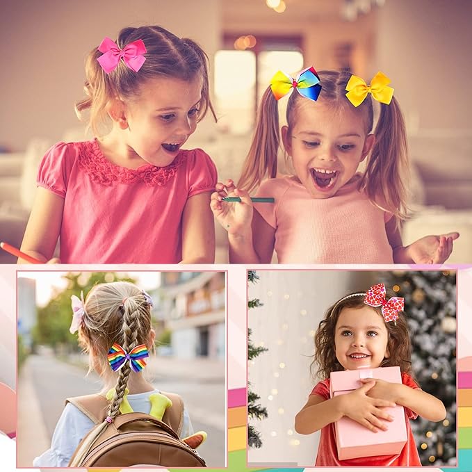 5" Hair Bows for Girls Colorful Little Girl Hair Bows Rainbow Heart Grosgrain Alligator Clip Bow for Toddler Girls Children Kids 12 Pcs