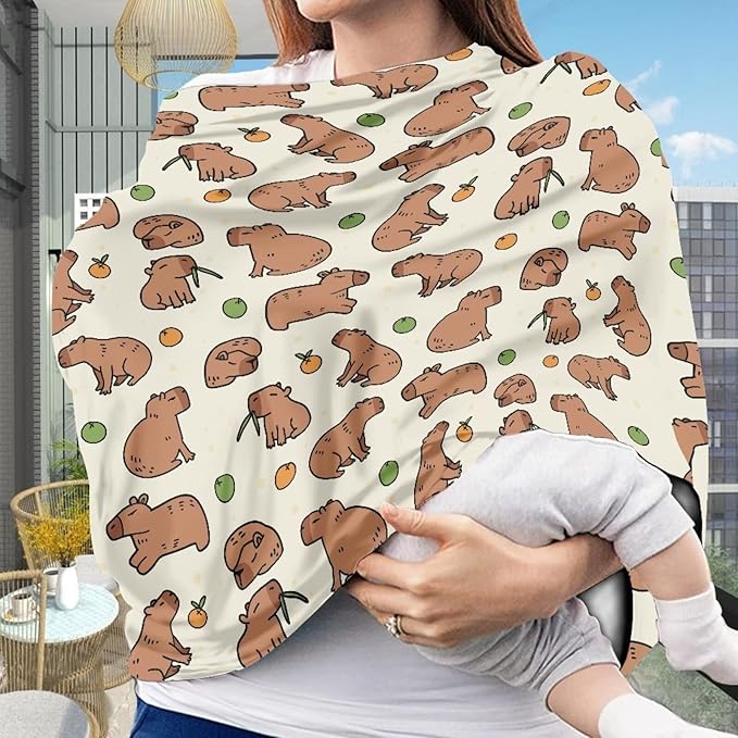 GIFTPUZZ Capybara Stretchy Baby Car Seat Cover for Baby, Multiuse for Nursing Breastfeeding Cover, Shopping Cart/High Chair/Stroller Cover, Car Seat Canopies, Boys and Girls Shower Gifts