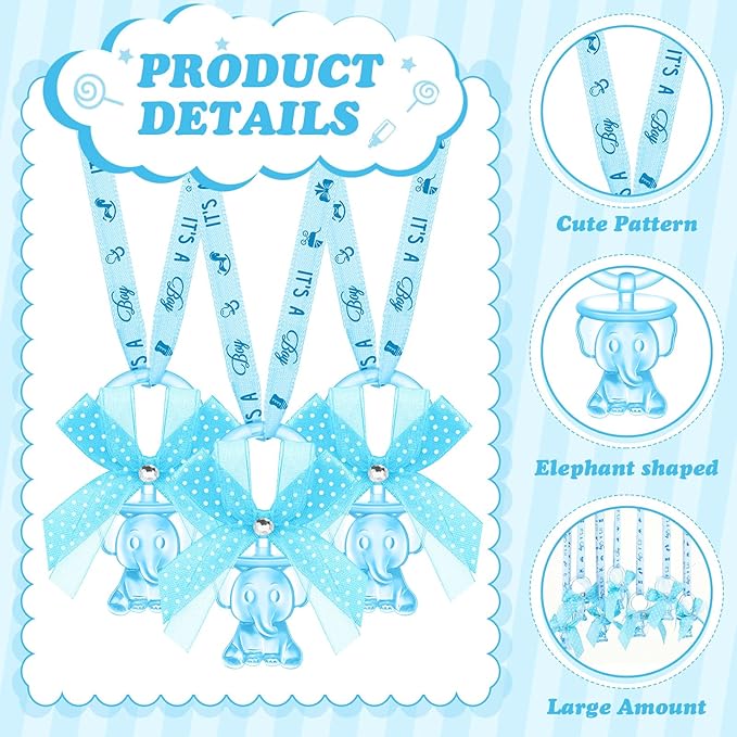 Tondiamo 60 Pcs Baby Shower Pacifiers Elephant Necklace Acrylic Baby Shower Party Favors with Cute Rhinestone Bows for Gender Reveal Party Decoration Table Scatter(Blue)