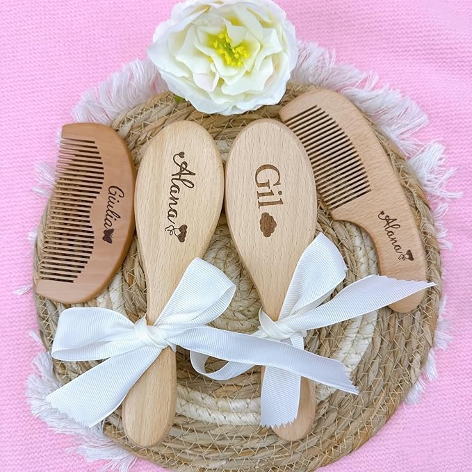 Personalized Custom Baby Brush and Comb Set for Newborn, Wooden Baby Comb, Preventing Cradle Cap, Natural Goat Bristles Brush, Gifts for Baby Shower