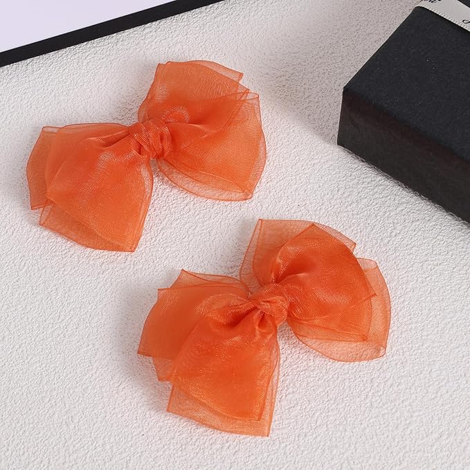 Happy Fall Mesh Ribbon Hair Bow Clips 4" Orange Red Organza Double Tulle Bow Alligator Barrettes Hairpins Give Thanks Day Outfit Decor Accessory Gift For Teens Toddler Girls Kids