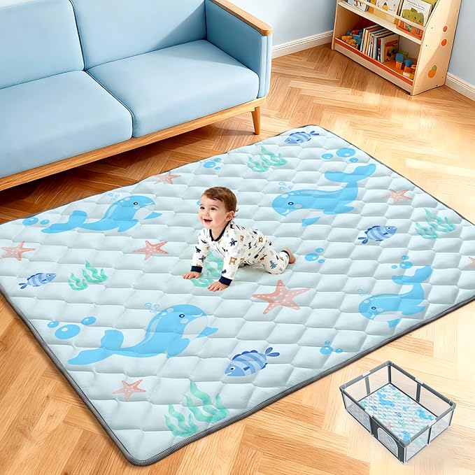 Baby Play Mat 65x50in - Thicken Soft Baby Cushioned Playmats for Playpen - Large Crawling Play Mats for Babies Toddlers Infant Non-Slip - Foldable & Machine Washable Infant Floor Play Mat, Ocean