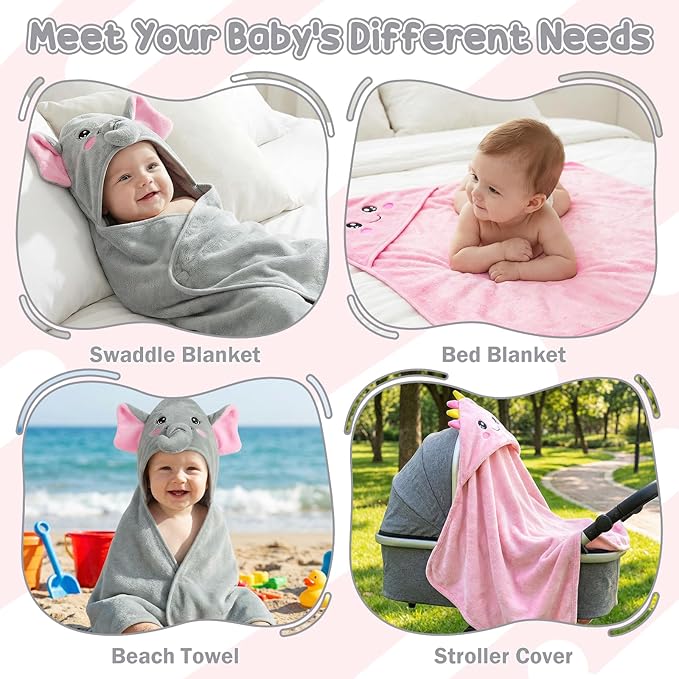 2 Pack Hooded Baby Towels Soft Absorbent Coral Fleece Baby Bath Towels with Animal Hood 32x32 Inch Toddler Bath Towel for 0-3 Years Newborn Baby Shower (Grey Elephant & Pink Dinosaur)