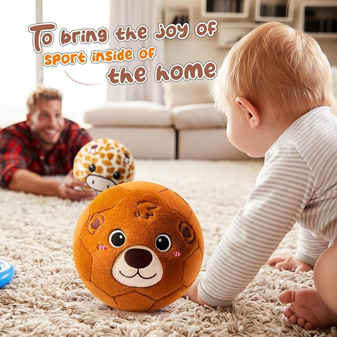 VangeBow Silent Indoor Soccer Balls for Toddlers 1-3, Inflatable Soft Plush Baby Toddler Soccer Ball Toys Gifts for 1 2 3 4 5 Year Old Boy Girl First Birthday Gift (Bear, Pump Include)
