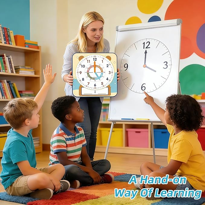 ANCOMEDO Large 12" Magnetic Writable Dry Erase Teaching Clock with Cute Style, Teaching Demonstration Clock for Kids Learning Practice Time for Home School Classroom Supplies (12" x11"-Beige)