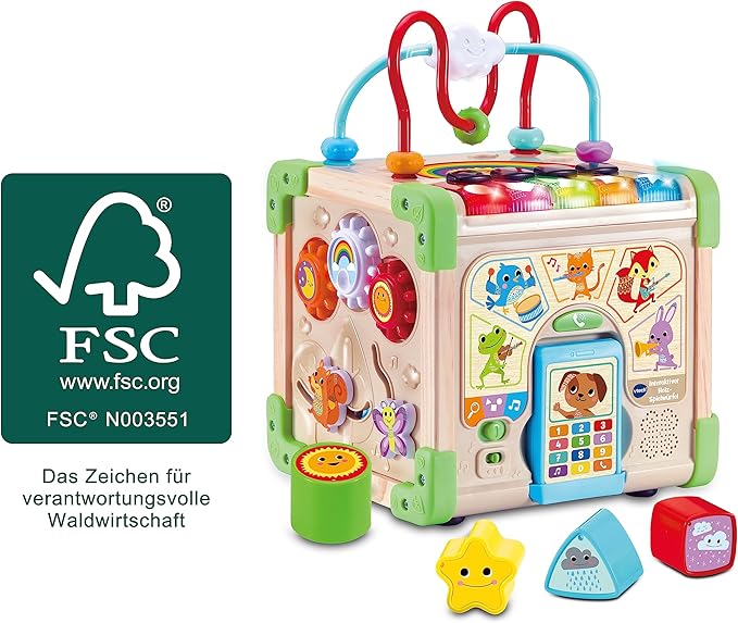 VTech Interactive Wooden Play Cube - Interactive Play Cube with FSC® Certified Wood - with Various Elements, Songs and Music - for Children Aged 12-36 Months