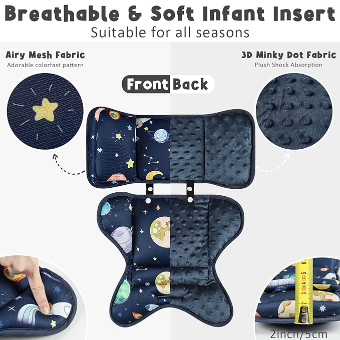 Infant Car Seat Insert with 2 Headrests for Doona|Graco, Thickened Baby Car Seat Cushion for Newborn, Car Seat Head Support Shoulder Covers Set Fits for Stroller, Baby Swing, Bouncer (Blue, Space)