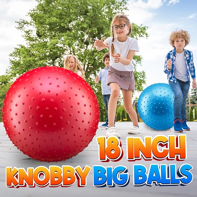 PlayBolt Jumbo 18-Inch Playground Balls (2 Pack, Red & Blue) - Giant Large Inflatable Rubber Kickball for Kids and Toddlers, Boys & Girls Backyard, Sports, Gym, Recess, Indoor & Outdoor Games w/Pump