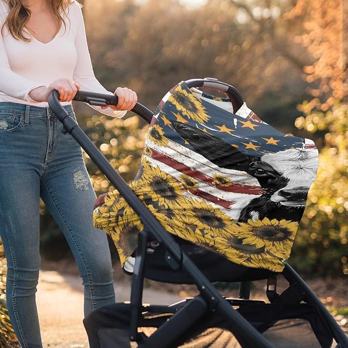 Wanyint US Flag Cow Print Car Seat Covers for Babies Car Seat Canopy for Boys Girls,Windproof Infant Carseat Canopy Cover Nursing Cover for Breastfeeding