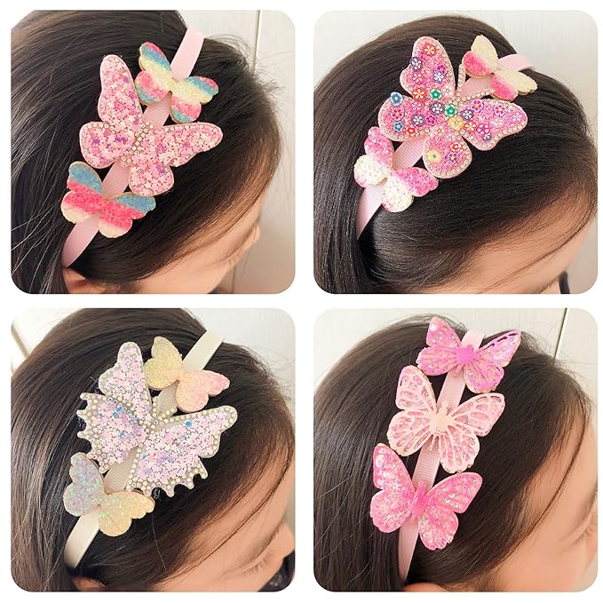 ELEMIRSA 4-Piece Butterfly Hair Hoops and Headbands for Girls, Teens, Toddlers, and Kids - Party Hair Accessories