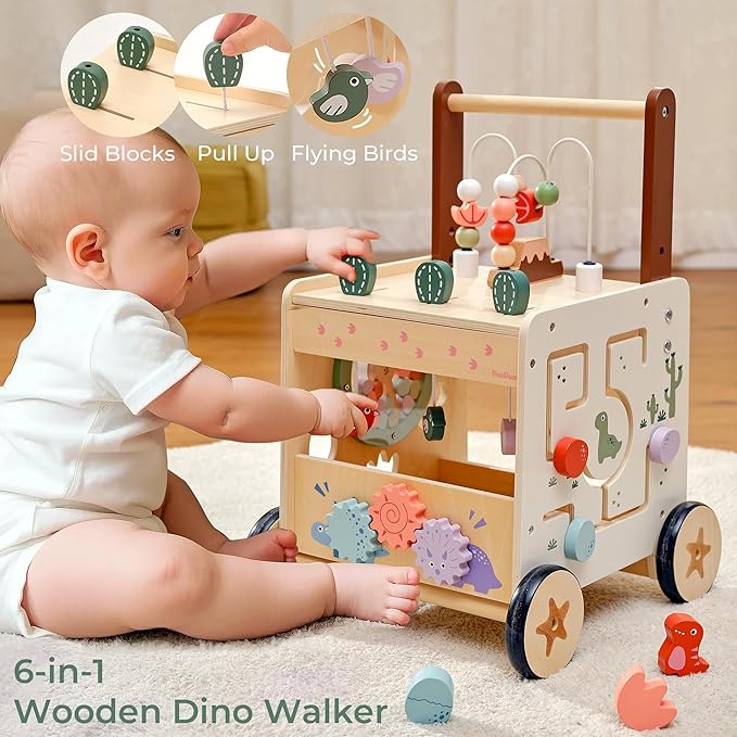 PairPear Wooden Activity Cube Push Walker, 6 in 1 Wooden Baby Walker Montessori Toys for Baby Boys & Girls 12M+, Adjustable Speed Push Cart with Brake Activity Center Toys Learning to Walk
