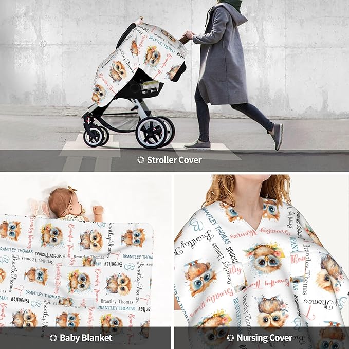 Personalized Baby Car Seat Canopy Minky Owl Baby Blanket Custom Name Baby Car Seat Cover Girls Boys Infant Newborn Carseat Canopy Nursing Cover for Stroller Car Seat Canopies
