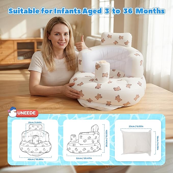 UNEEDE Inflatable Baby Seat for 3 Months & Up, Infant Floor Chair for Sitting Up with Built in Air Pump, Lightweight Travel Baby Seat for Home, Camping, Beach & Outdoor