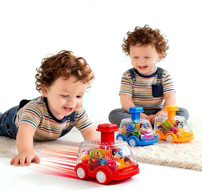 Toy Cars for Toddlers 1-3, 3 Pack Transparent Gear Press and Go Friction Powered Cars, No Battery Push Go Baby Car for 1 Year Old Boys Girls, First Birthday Gift