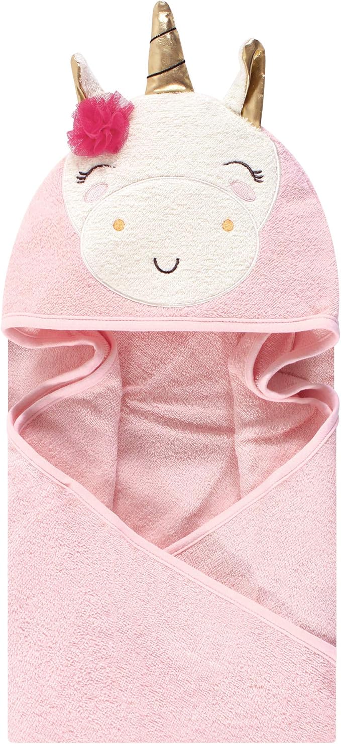 Luvable Friends Unisex Baby Cotton Animal Face Hooded Towel, Unicorn Flower, One Size