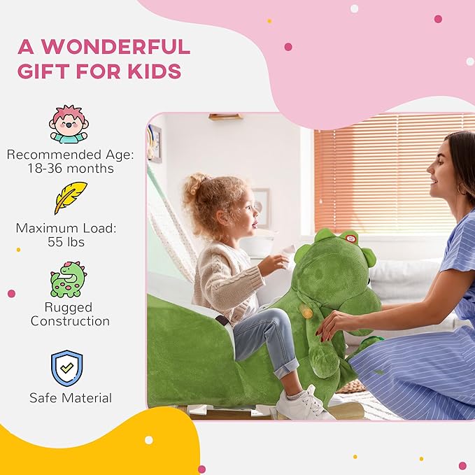 Qaba Baby Rocking Horse, Toddler Plush Dinosaur Animal Rocker with Seat Belt, 32 Songs, Hand Puppet, Kids Riding Horse Rocking Chair for 18-36 Months, Green