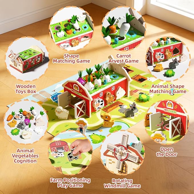 JAUNTY Montessori Toy for Toddlers 1 2 3 Years Old, Wooden Farm Shape Sorting Toy for Baby Boys Girls 1-3, Educational Learning Sensory Toy 1 Year Old Gift for 1st First Birthday