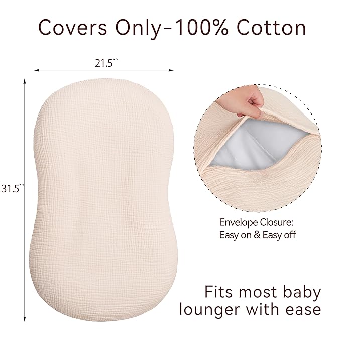 Muslin Baby Lounger Cover 1 Pack, Cotton Soft Breathable Infant Nest Slipcover, Envelope Closure, Compatible with Snuggle Me Loungers, Machine Washable, Cover Only, for Boys Girls(Beige)