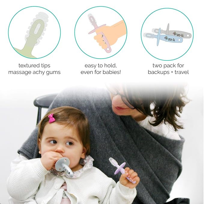 ZoLi Chubby Gummy teether | 2 Pack Baby Teething Relief - Green/Grey, BPA Free Teething Stick