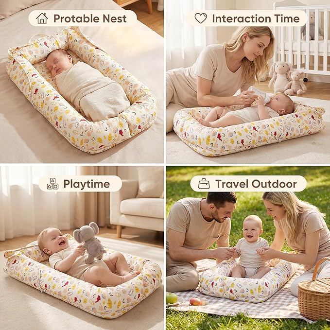 Baby Lounger for Newborn, Breathable and Soft Baby Lounger Pillow, Portable Infant Lounger with Removable Cover, Adjustable Lounger for Baby 0-12 Months, Tummy Time Baby Lounger for Home and Travel