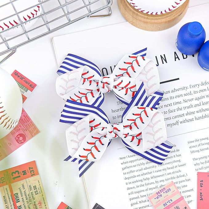 YanJie 2pcs 4'' Baseball Bow Baby Girl Hair Clips with Stripes Softball Grosgrain Ribbon Alligator Clips for Toddler Teen Girls Hair Accessories