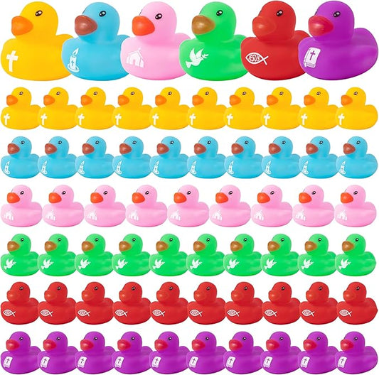 Haooryx Christian Mini Rubber Duck - 120Pcs Religious Cross Jesus Novelty Duck Squeak Bathtub Float Bath Toy for Church Event Classroom Reward Birthday Gift Religious Party Favor Easter Basket Stuffer