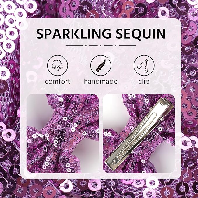 Hair Clip for Girls, 5 inches Sequins Large Bow with Alligator Clip, Hair Accessories for Women Teens Babies Toddlers Purple