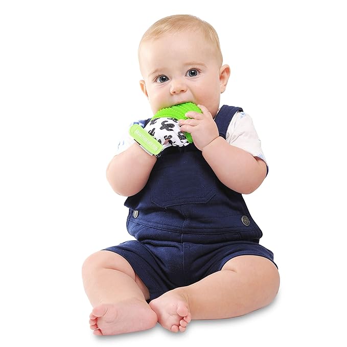 Malarkey Kids Munch Mitt Teething Mitten - The Original Mom-Invented Silicone Teether Mitten with Travel Bag – Ideal Teething Toys - Green Cactus