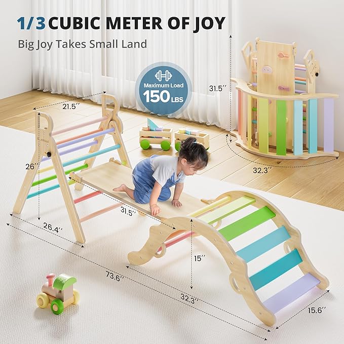 BlueWood Pikler Triangle Set, Toddler Wooden Climbing Toys Indoor 7in1 Foldable Climber for Kids, Montessori Philosophy Play Jungle Gym with Arch, Ramp, Ladder (Colorful Spring)