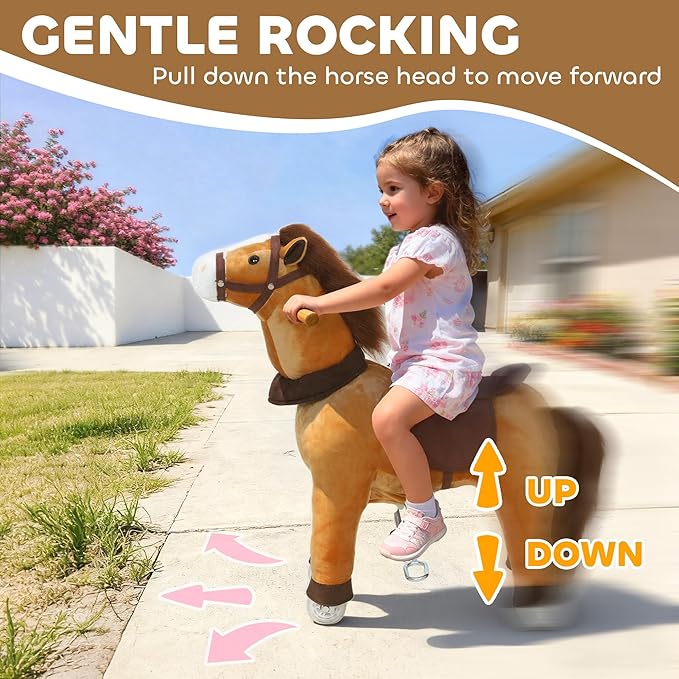 Qaba Ride on Horse for Kids 3-5 Years, 29.5 Inch Height Plush Riding Pony, Walking Horse Animal with Rolling Wheels for Active Play, No Batteries Required, Brown