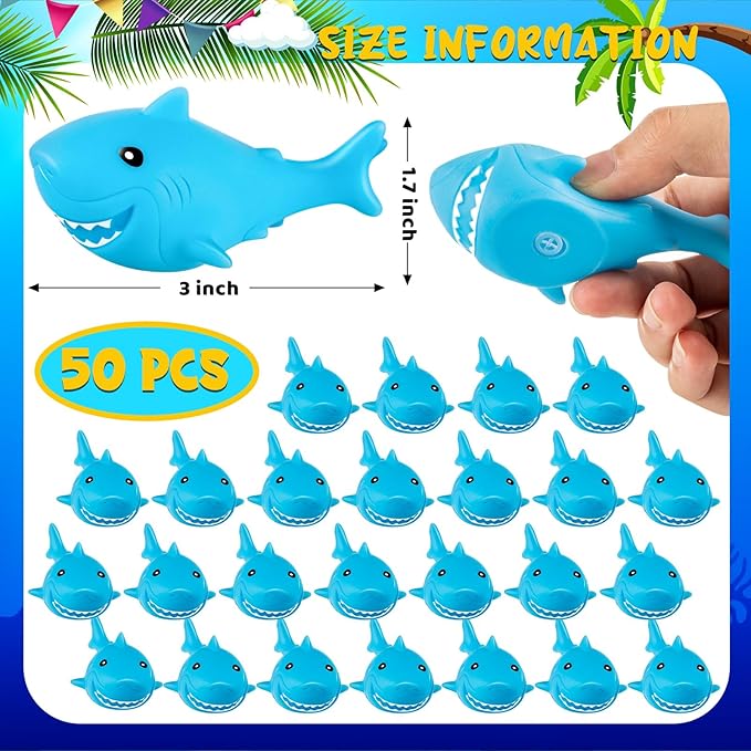 100 Pcs Rubber Sharks for Kids, Blue Shark Bath Toys Cute Floating Squeaky Mini Rubber Sharks for Shower, Classroom Carnival Prizes, Cake Decoration