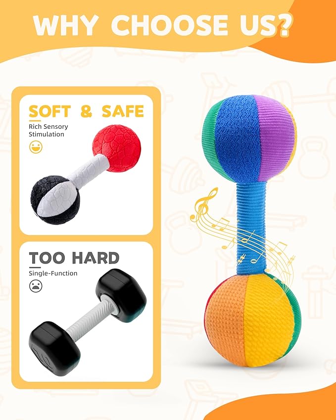 Jollybaby Soft Plush Stuffed Baby Dumbbell Rattle Toys for 0-3-6 Months Newborn, High Contrast Colorful Sensory Rattles Weights Toys for Infant Baby 0-3 Months, Funny Baby Boy Girls Shower Gifts