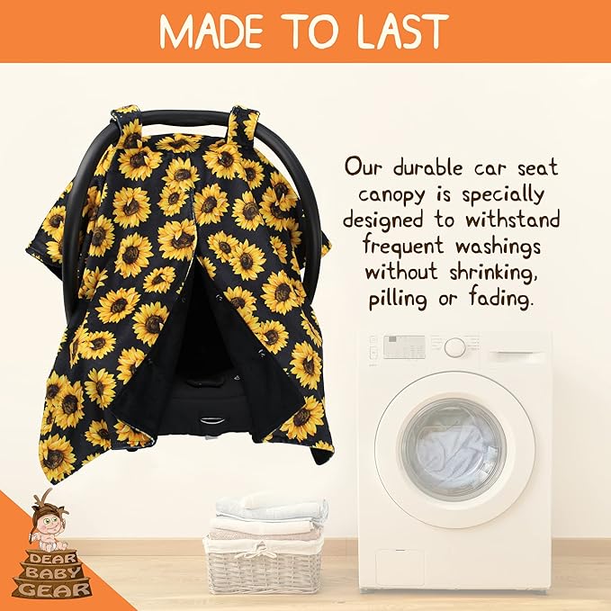 Dear Baby Gear Car Seat Cover for Boys & Girls - Baby Carseat Canopy w/Snap Opening - Infant Seat Cover - Stroller & Nursing Covers - Newborn Carrier Canopy- 40x30(Sunflowers on Black, Black Smooth)