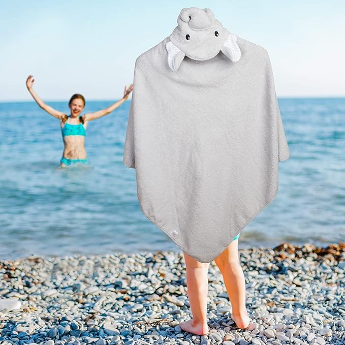 Hooded Baby Towels 33 x 33 Inch. Light Gray Terry Cotton Bath Towels Hooded with Elephant Face and Ears. Hooded Towels for Baby. Soft Toddler Towels for Boy, Girl. Absorbent Hooded Towel