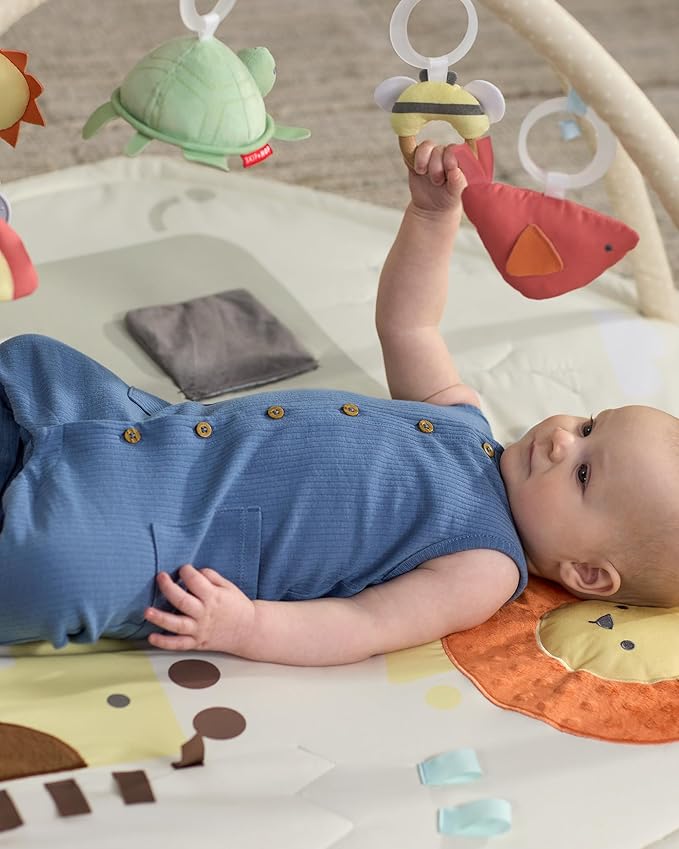 Skip Hop Baby Play Gym 3-in-1 Sensory Tummy Time Activity Mat with 17+ Skill-Building Developmental Activities, 14 Animals & Shapes, 5 Hanging Toys and Crocodile Mirror, Geometric Wonders, Age 0-2y
