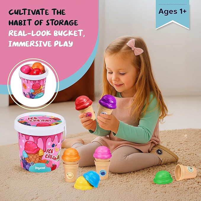 JoyCat Ice Cream Toy Set for Toddlers 1-5, Color Sorting & Stacking Toys, Pretend Play Food for Boy Girls Kids, Educational Fine Motor Skills Gift (7 Cones 7 Scoops 1 Bucket)