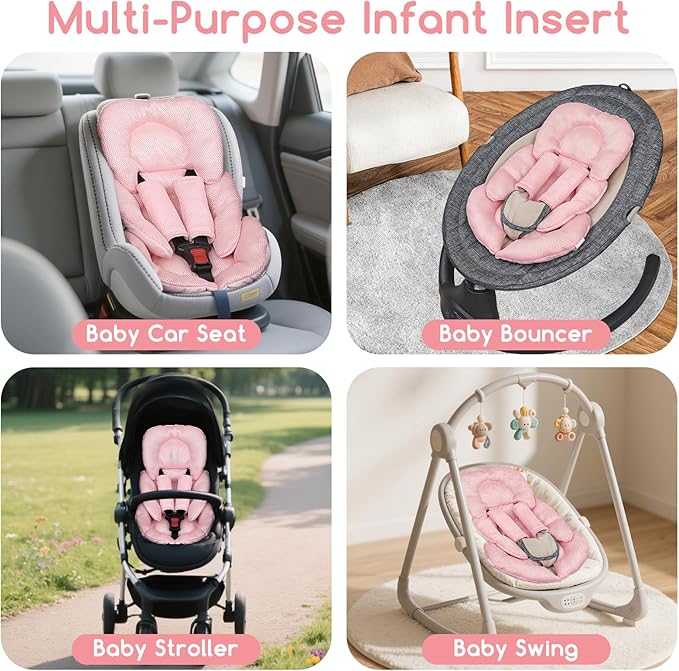 Infant Car Seat Insert for Newborn Girls Boys, Summer Mesh Baby Carseat Head Inserts with Strap Pads, Soft Reversible Baby Car Seat Insert Cushion Pad for Stroller, Bouncer, Swing, High Chair, Pink